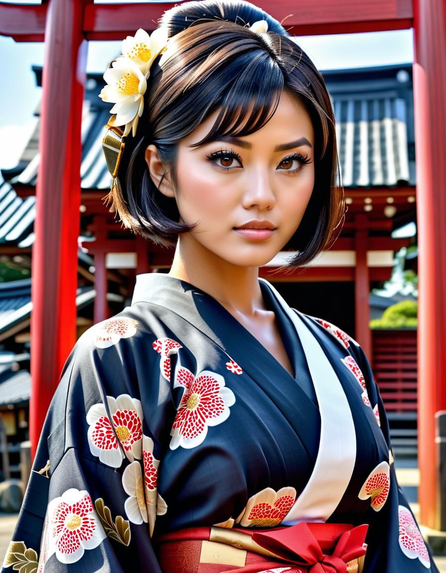 Indonesian Woman at Shinto Shrine Gate: Raw Photo