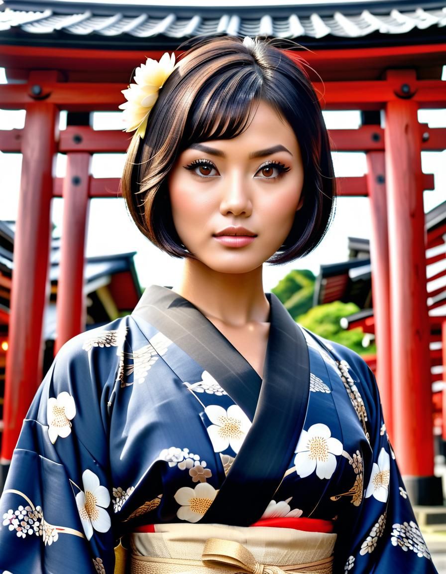 Indonesian Woman at Shinto Shrine Gate: Raw Photo