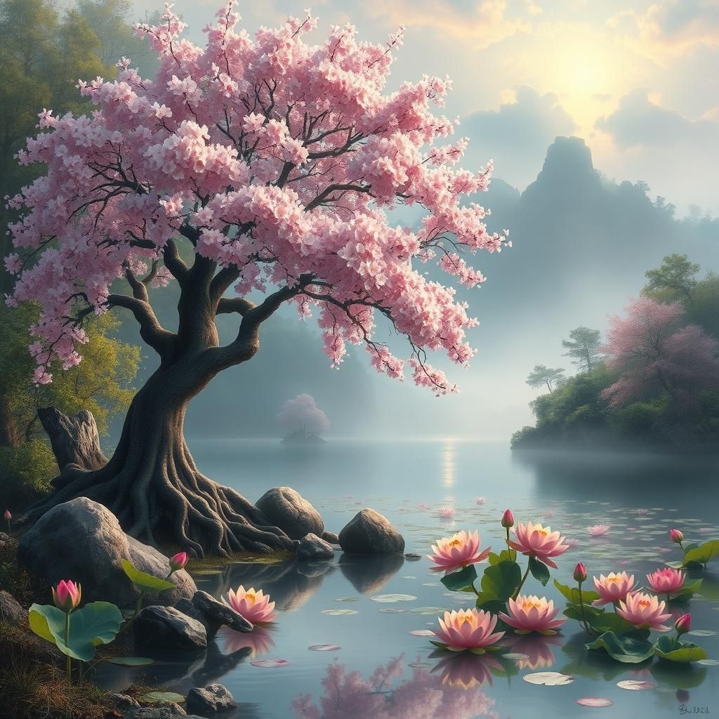 Cherry Blossom Tree with Lake, Surreal Digital Art