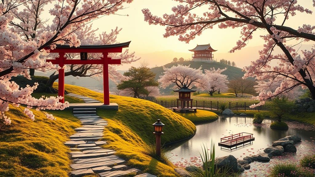 Blossoming Cherry Trees in Japanese Countryside