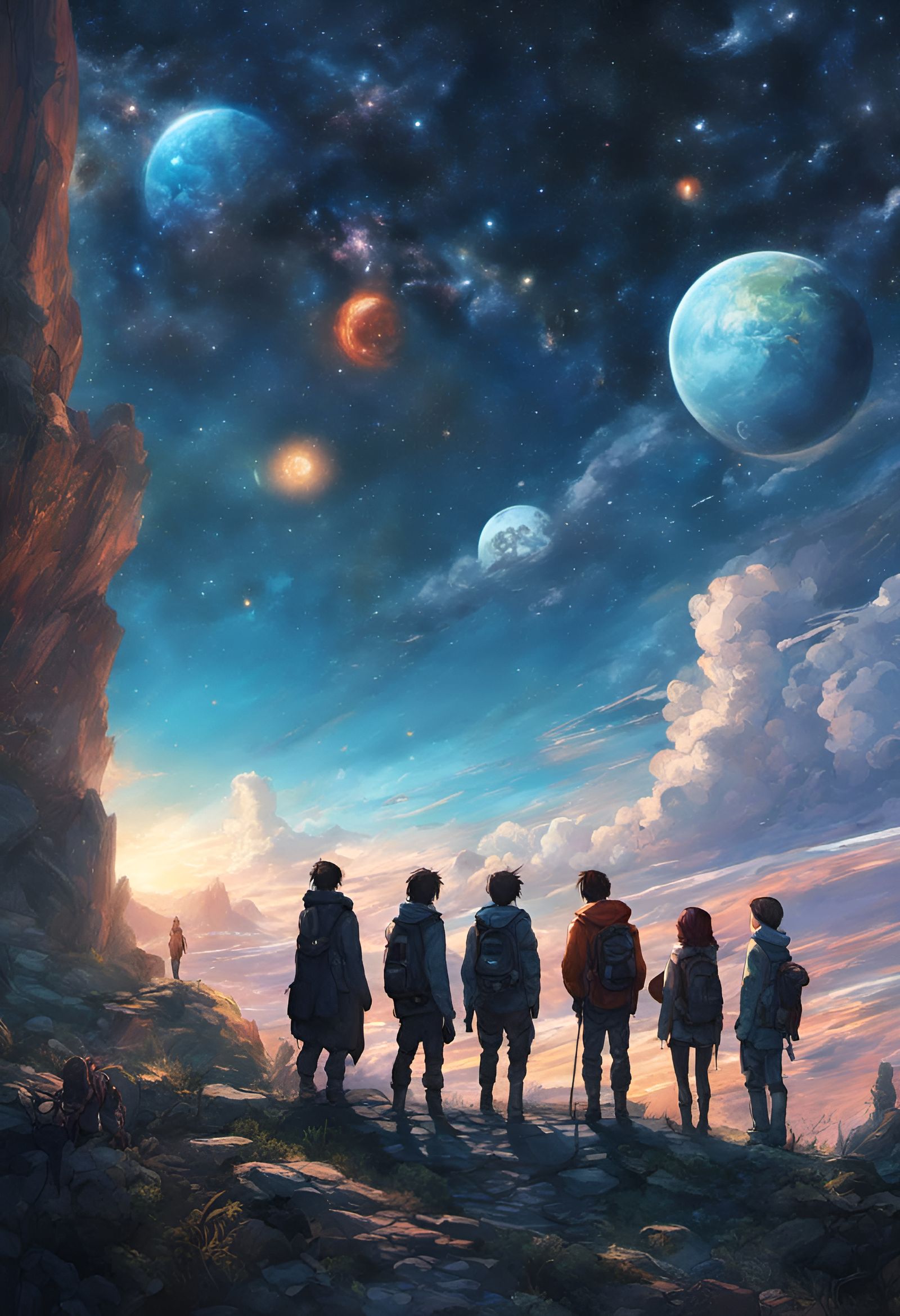 Friends Gazing at the Universe in Anime Style