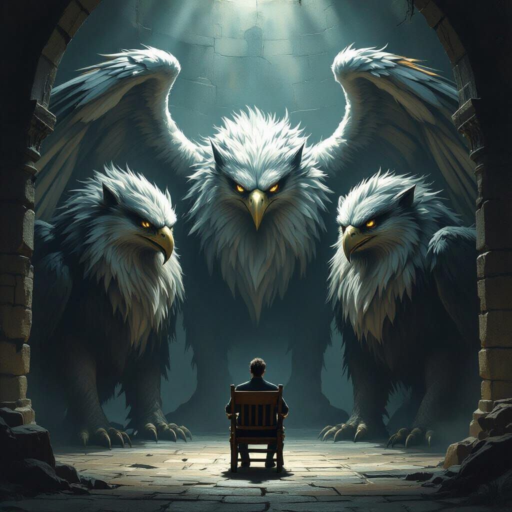 Gryphon Interrogation in Dim Stone Chamber