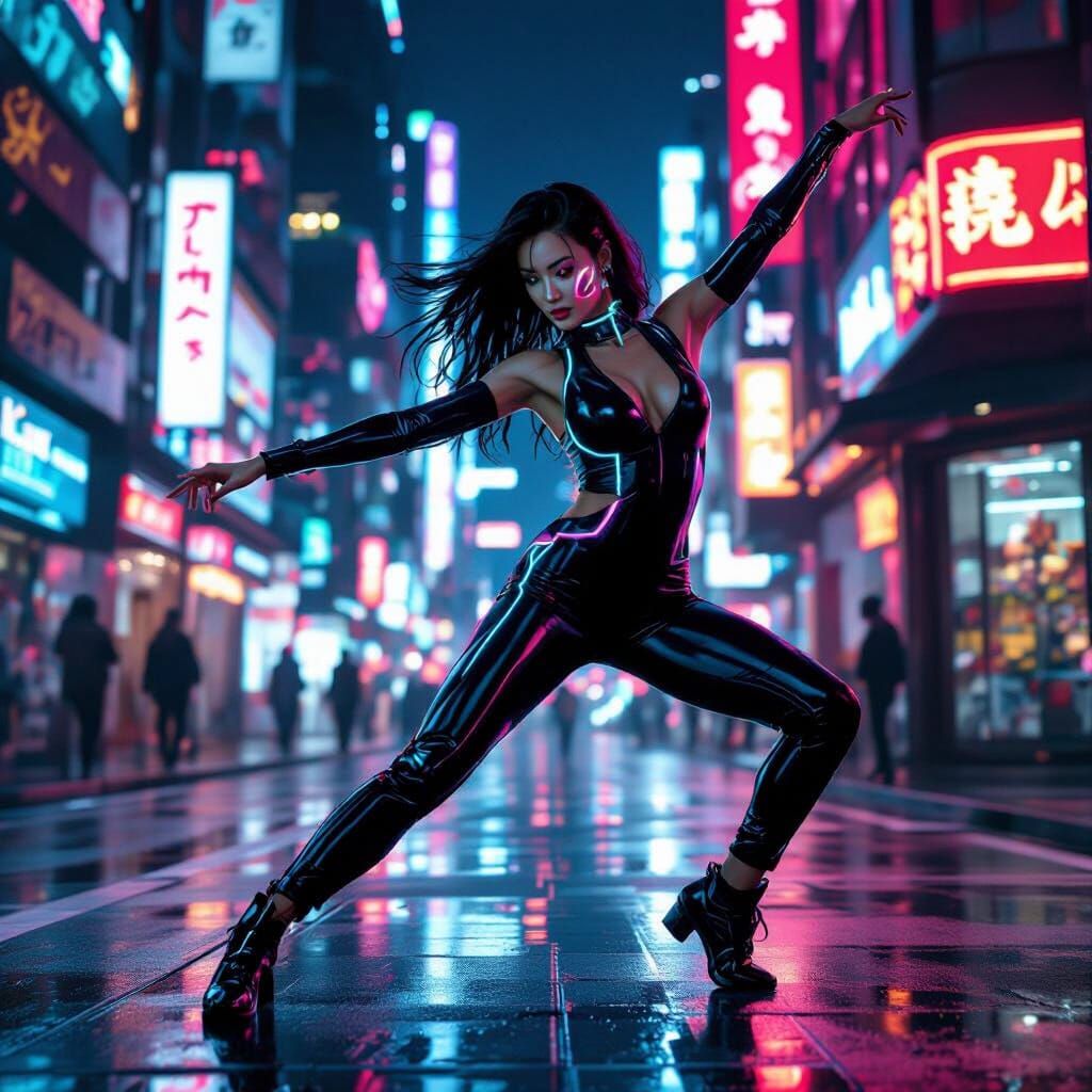Holographic Dancer in Neo Tokyo Cyberpunk Scene