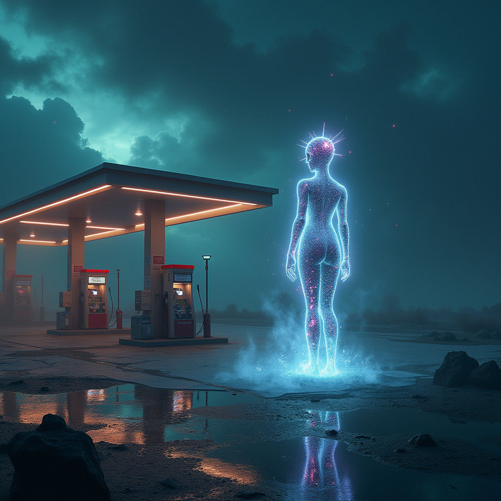 Alien Filling Gas Tank: Sci-Fi Scene