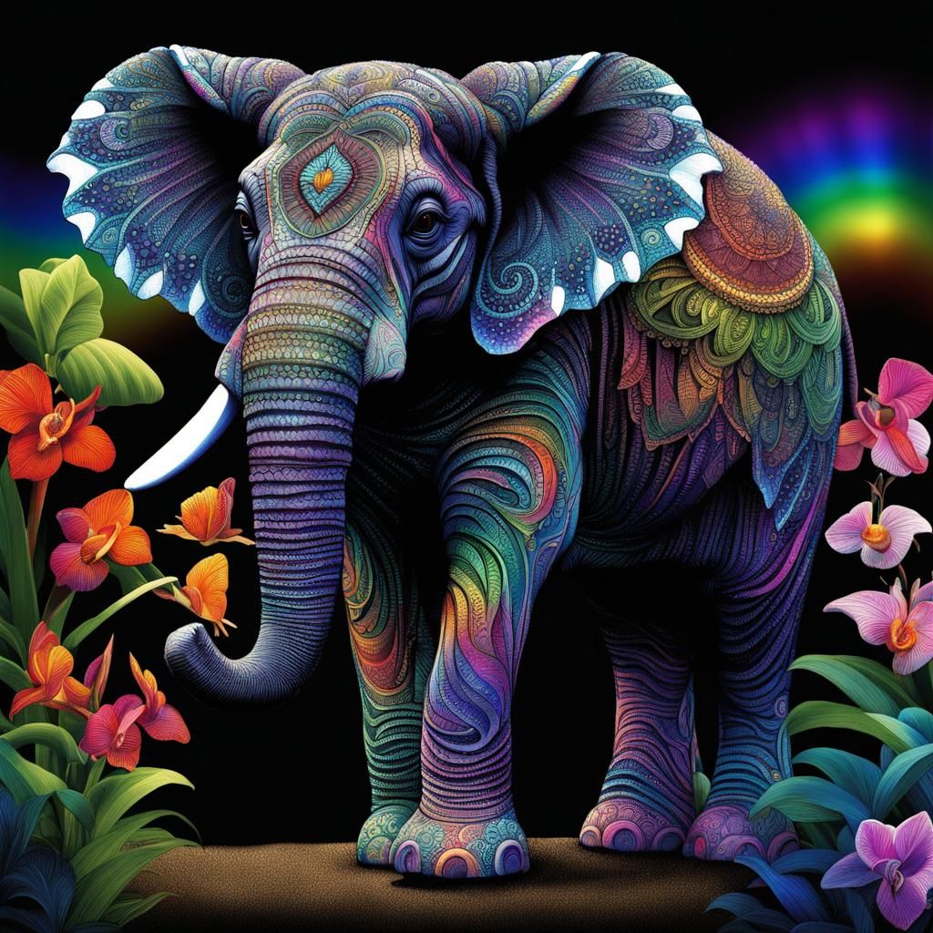 Rainbow elephant Fractals rainbow Elephant plant Botanicals Black ink stipple texture Botanicals flowers Blue morph Butt...