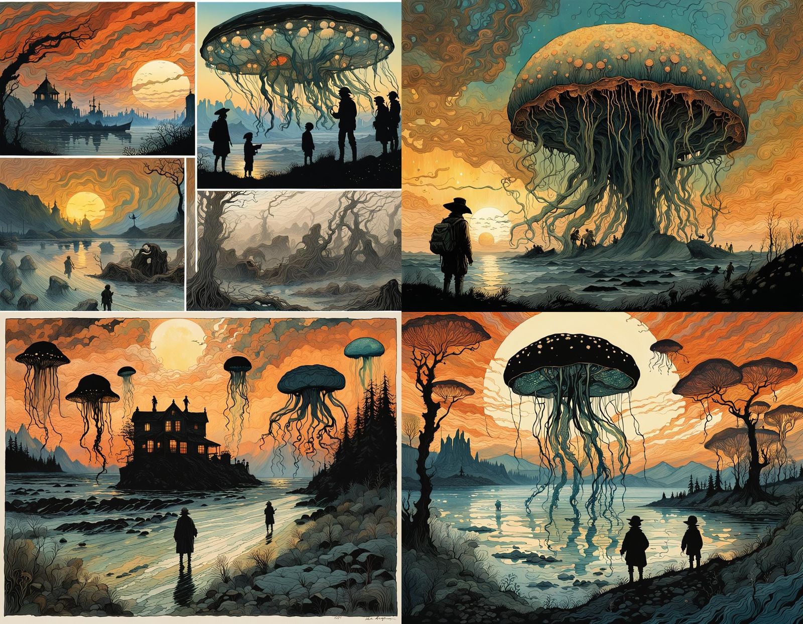 Surreal Alien Jellyfish Invasion at Sunset