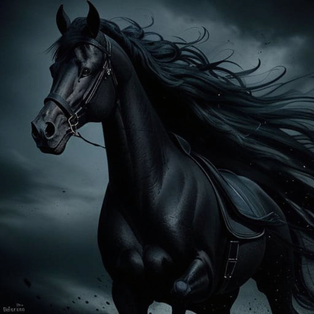 Majestic Black Queen on Rearing Horse in Dark Night