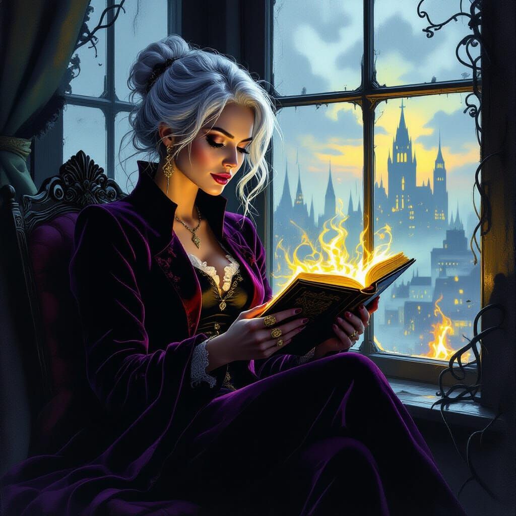 Silver-Haired Woman Reading Tome in Dark Academia Style