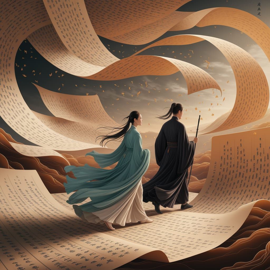 Ethereal Chinese Couple in Floating Parchment Landscape