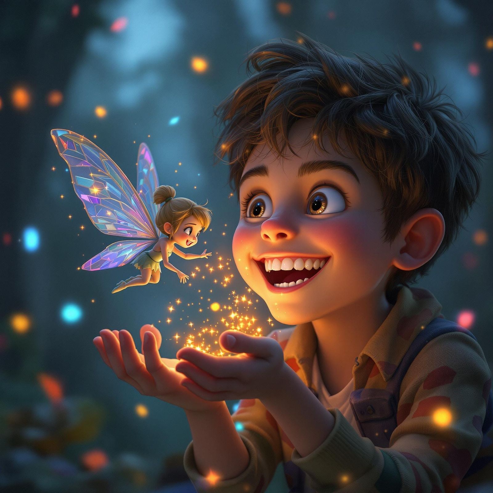 Boy Chasing Tooth Fairy in Colorful Fantasy Art