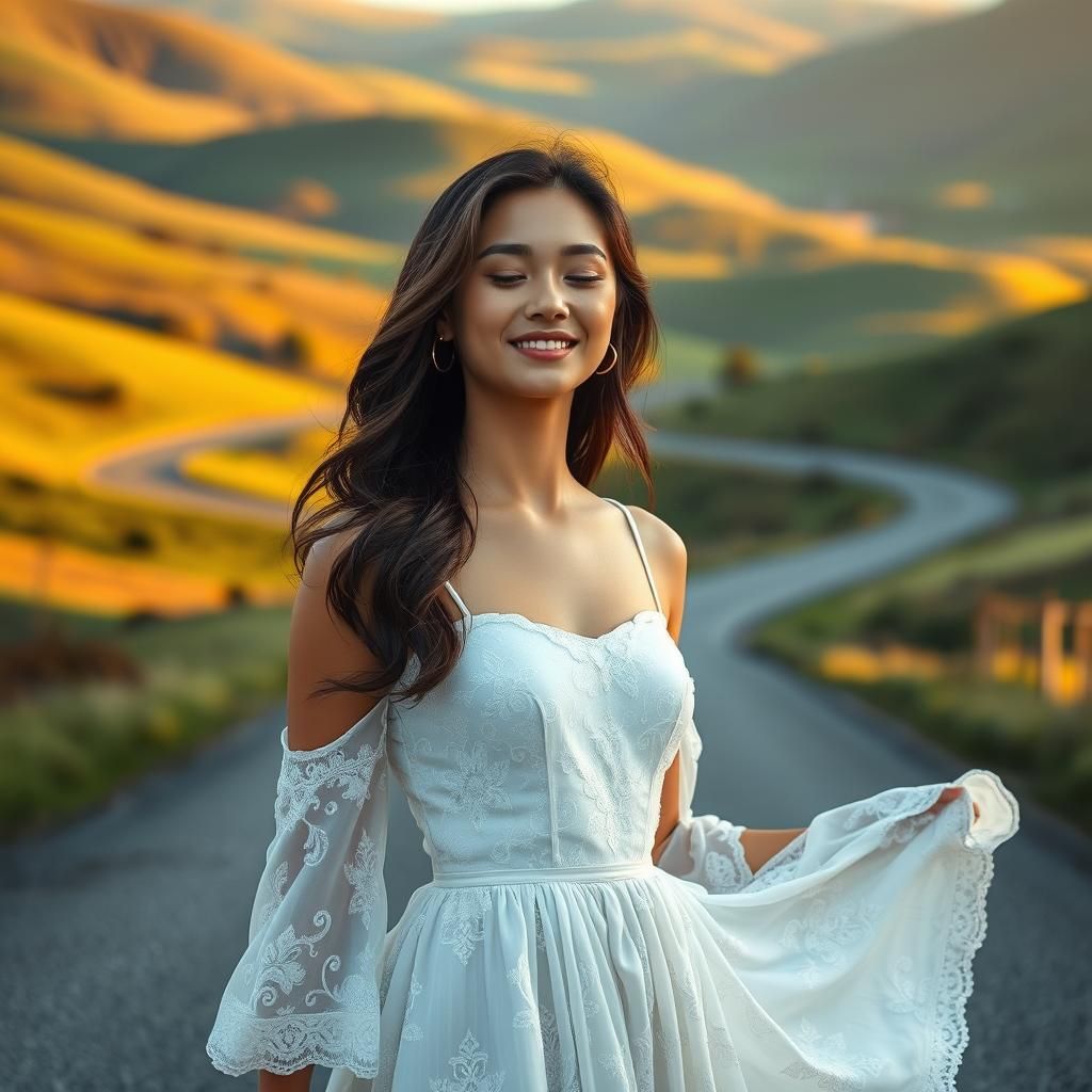 Serene Woman in White Dress, Hyperrealistic Style