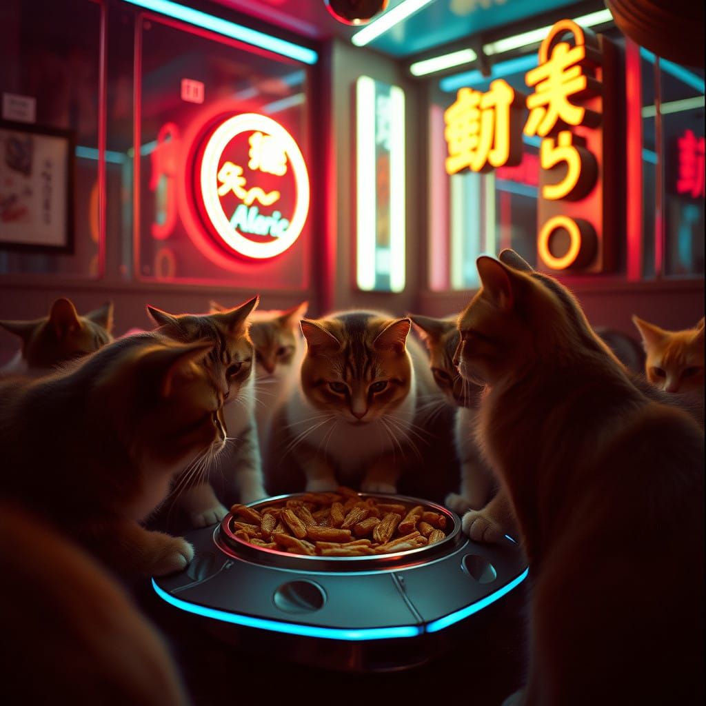 Cats Feast in Futuristic Neon Cat Café at Night