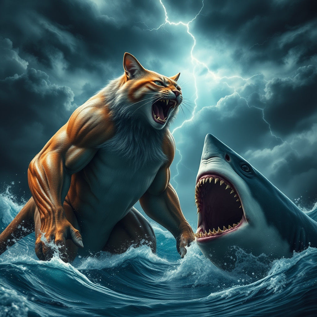 Humanoid Cat Confronts Shark in Stormy Ocean