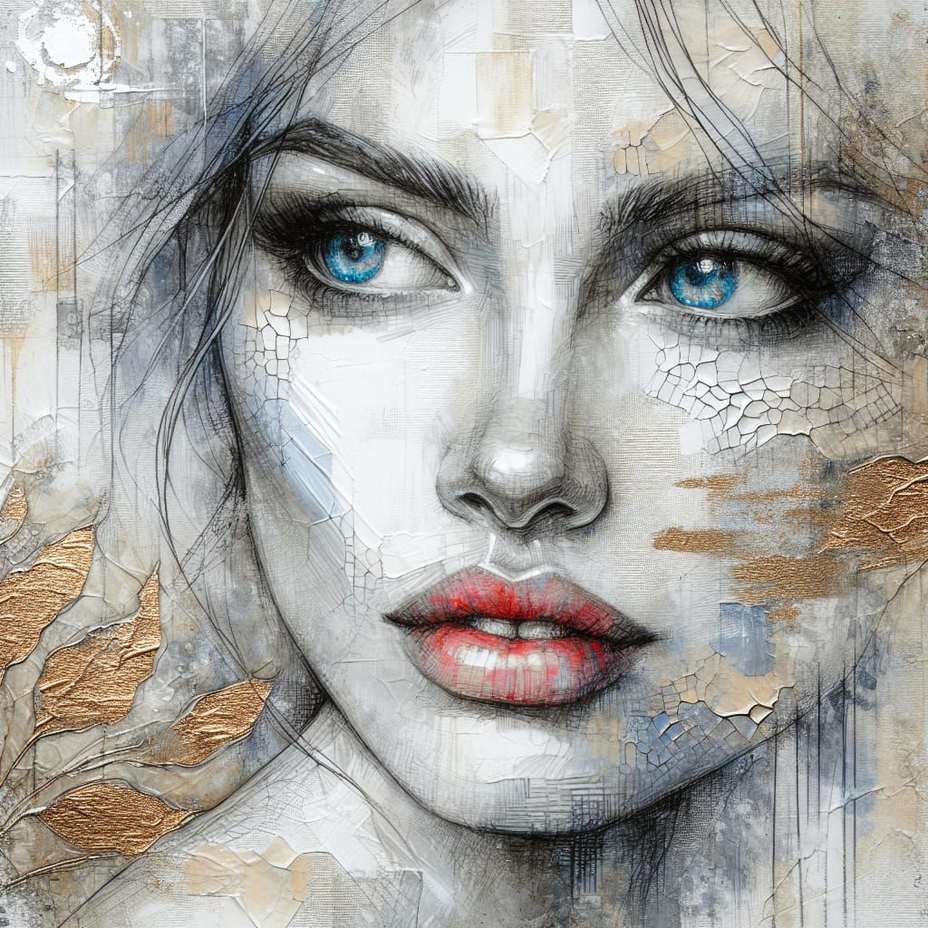 Beautifully expressive face of a woman, close-up, abstract scrapbooking, greyscale pencil sketch with golden gilded impa...