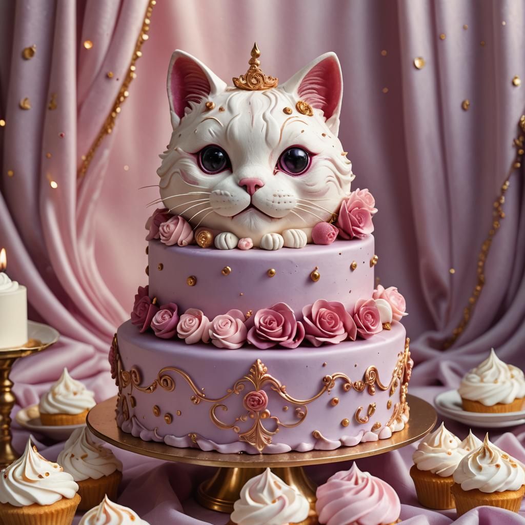Cat-Shaped Cake with Raspberry Cream, Fantasy Art