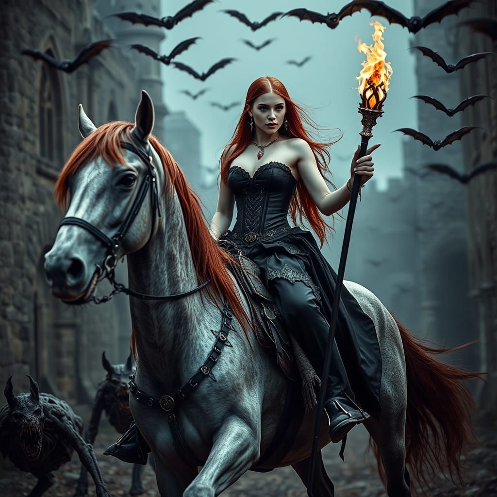 Vampire Sorceress Rides Zombie Horse in Gothic Château
