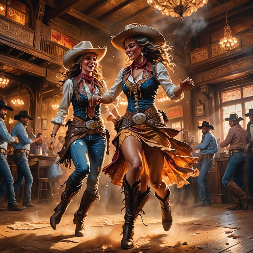 Cowgirls Dancing in Saloon: Western Art Style