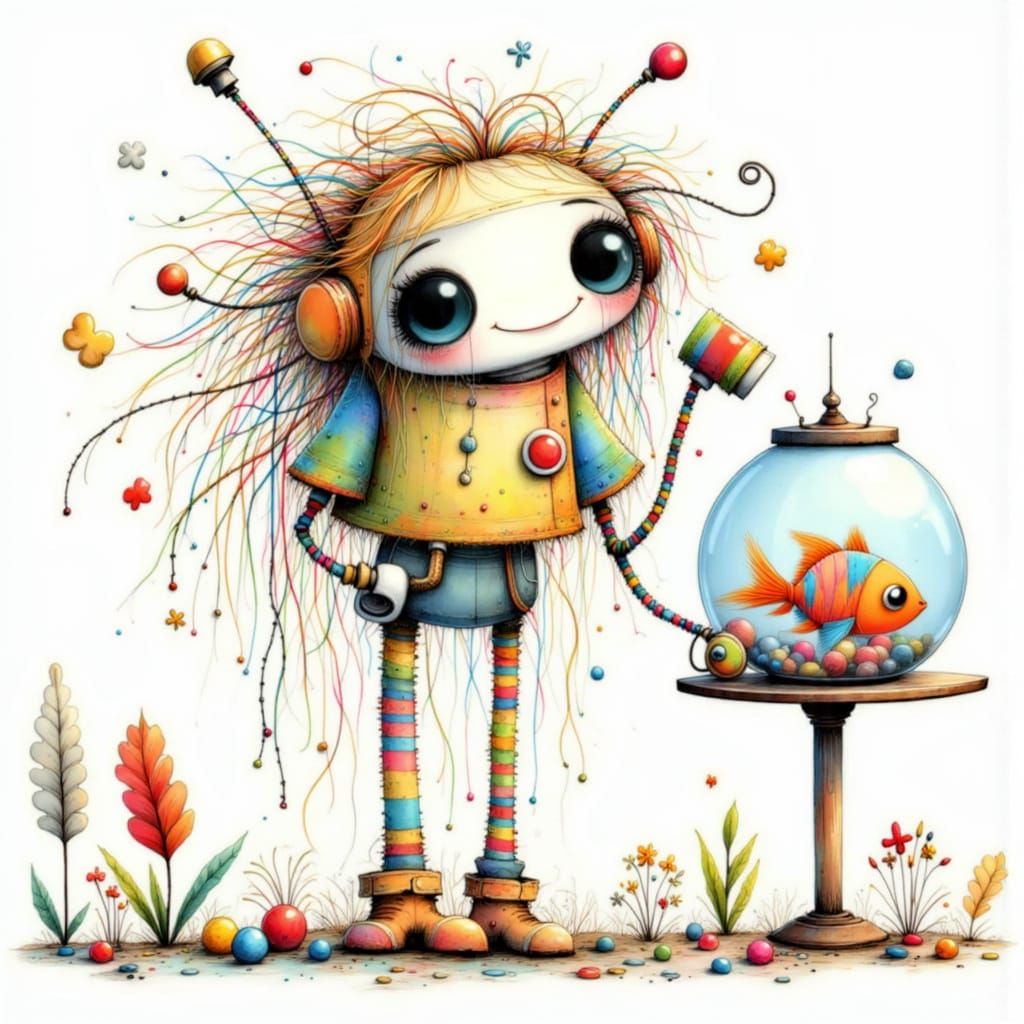 Cute Robot Holding a Fishbowl