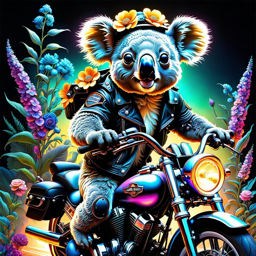 Flower Power Koala Rides a Harley in Digital Baroque