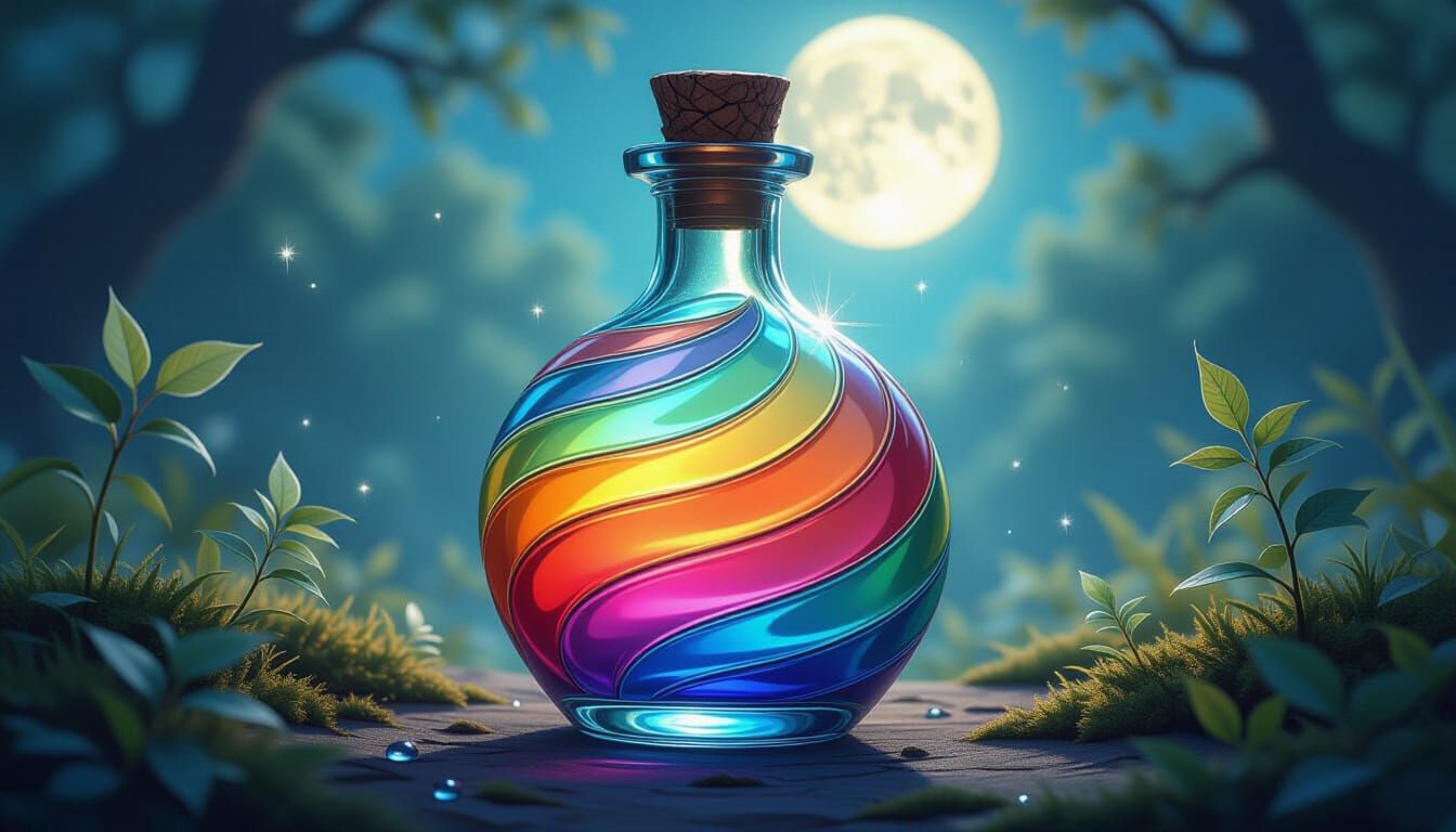 Magical Elixir Bottle with Rainbow Potion in Moonlight
