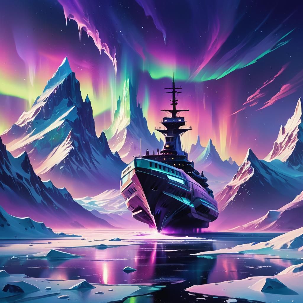 Frozen Spaceship in Icy Tundra, Fauvist Sci-Fi Landscape