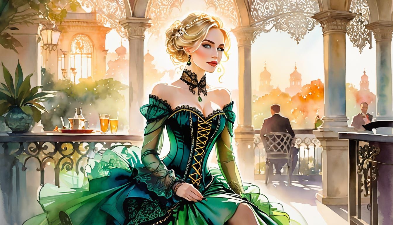 Blonde Woman in Baroque Corset at Parisian Cafe