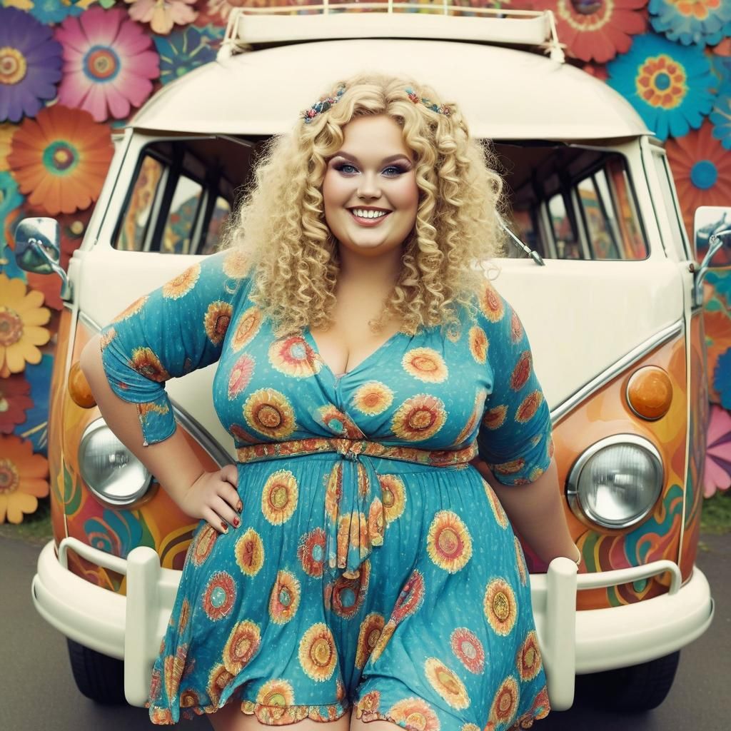 Curvy Blonde Hippie Girl in 60s Style