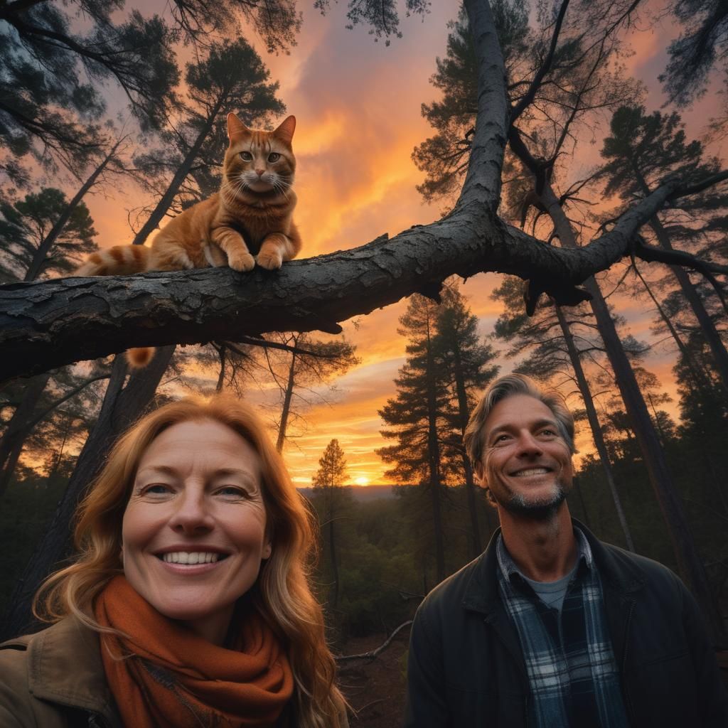 Orange Cat Photobomb in Sunset Forest Portrait
