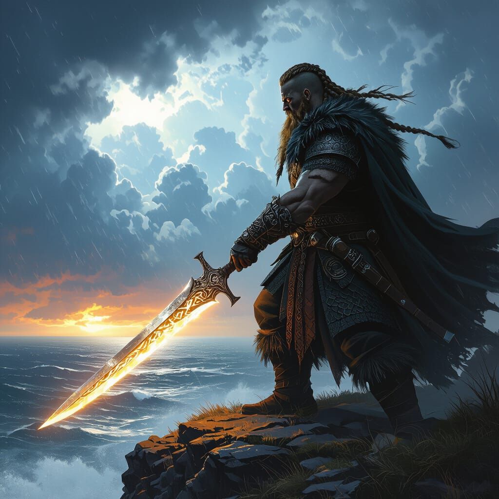 Viking Warrior on Cliff Overlooking Stormy Sea