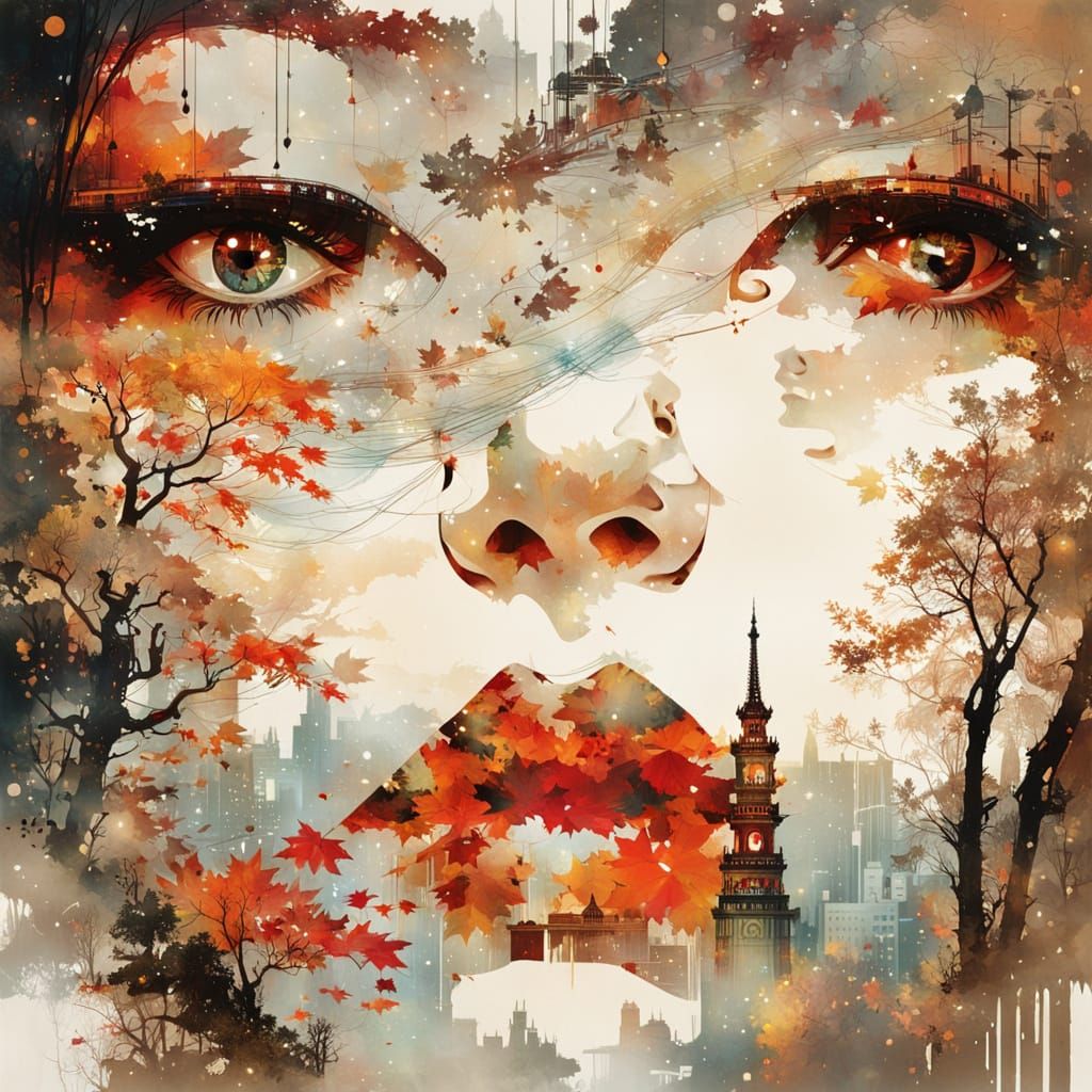 Galaxy Drips Into Autumn Cityscape Silhouette