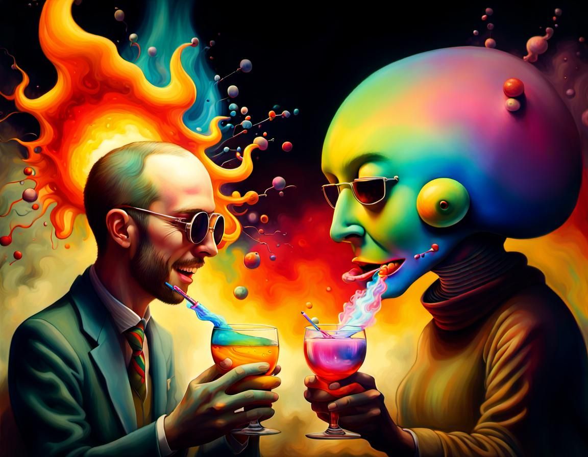 Rainbow Cartoon Figures Enjoying Drinks in Space