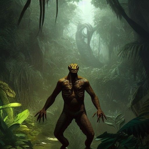 Lizard Man in Jungle, Dark Fantasy Concept Art