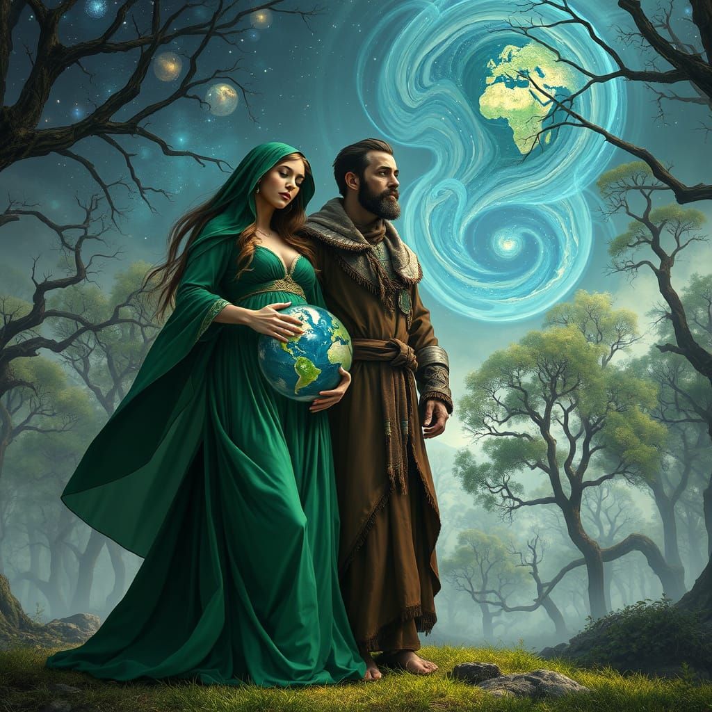 Mother and Father Earth in Surreal Forest Glade