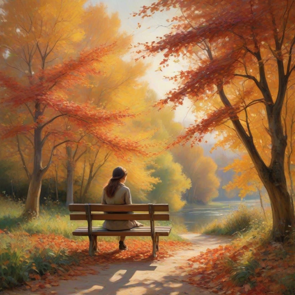 Whimsical Autumn Bench Scene in Impressionist Style