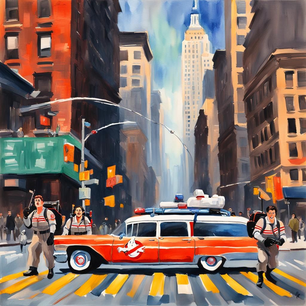 Ghostbusters in New York: Gouache Watercolor Painting