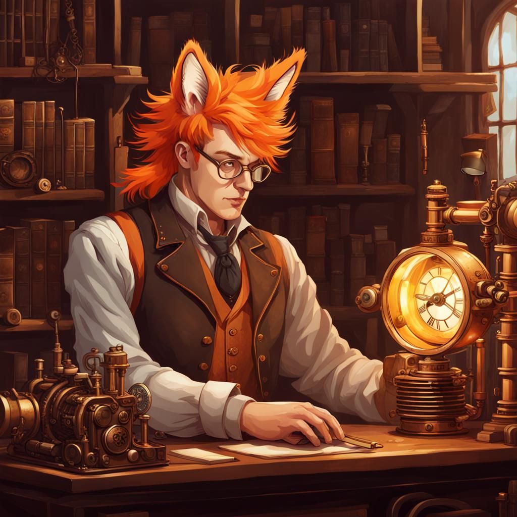 Steampunk Fox-Man Working in Library