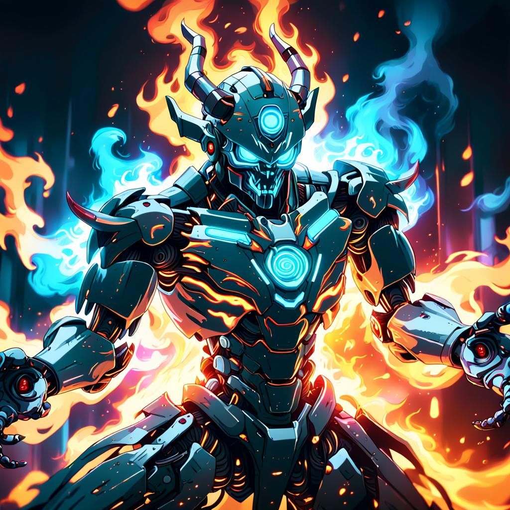 Robot Possessed by Demon in Dark Fantasy Anime Style