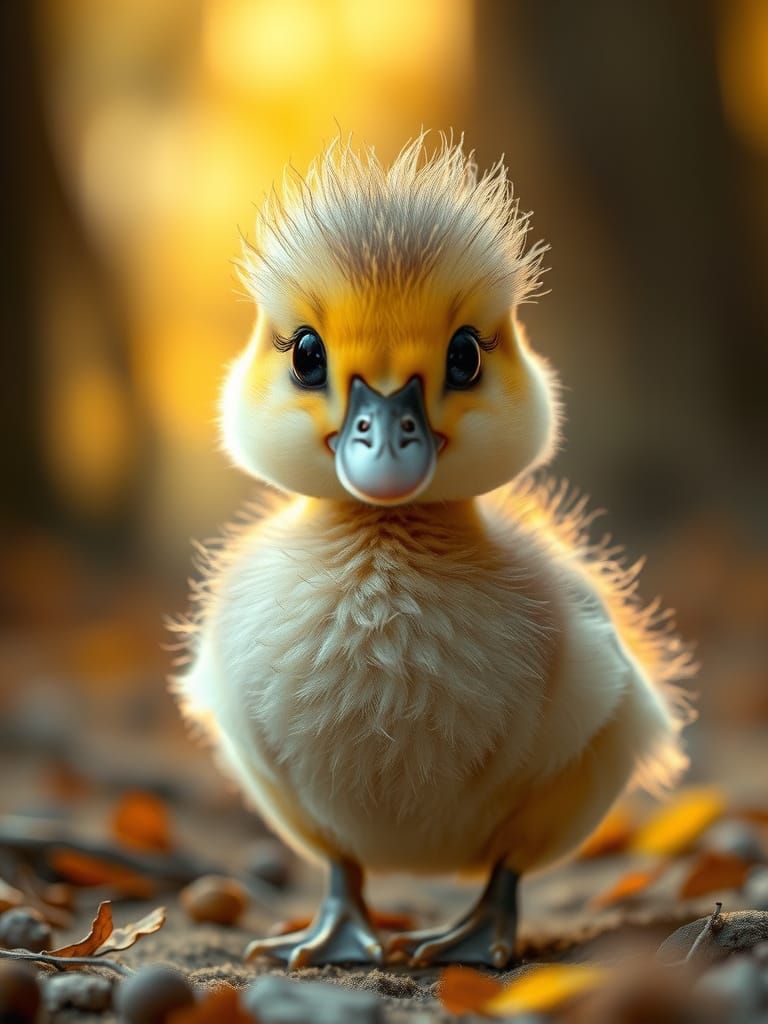 Magical Duckling in Golden Forest, Fantasy Art