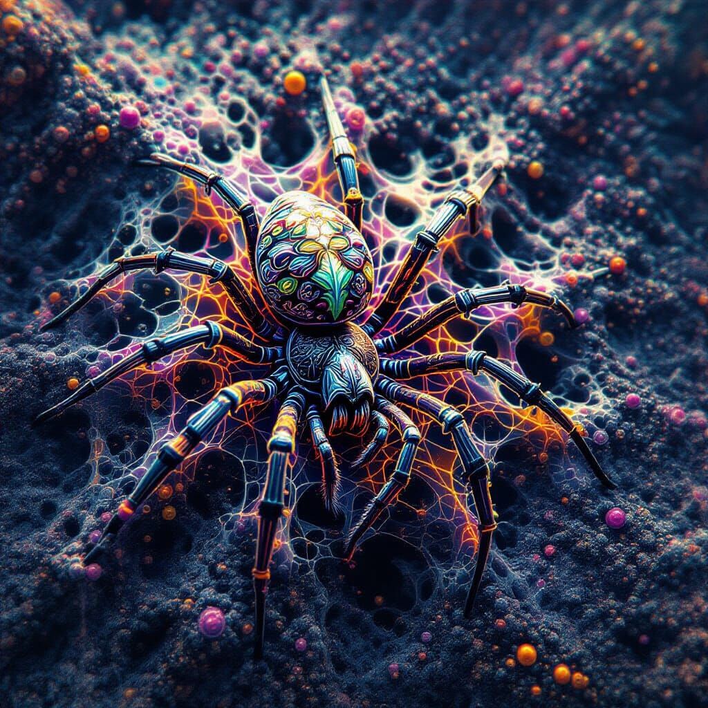 Psychedelic Fractal Spiderweb Design with Hallucinatory Spid...