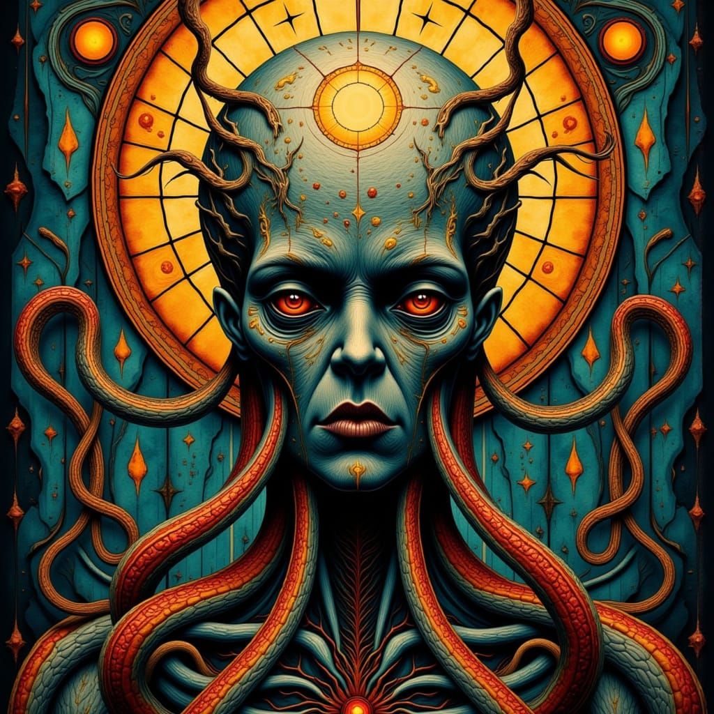 Cosmic Horror Portrait in Vintage French Stained Glass Style