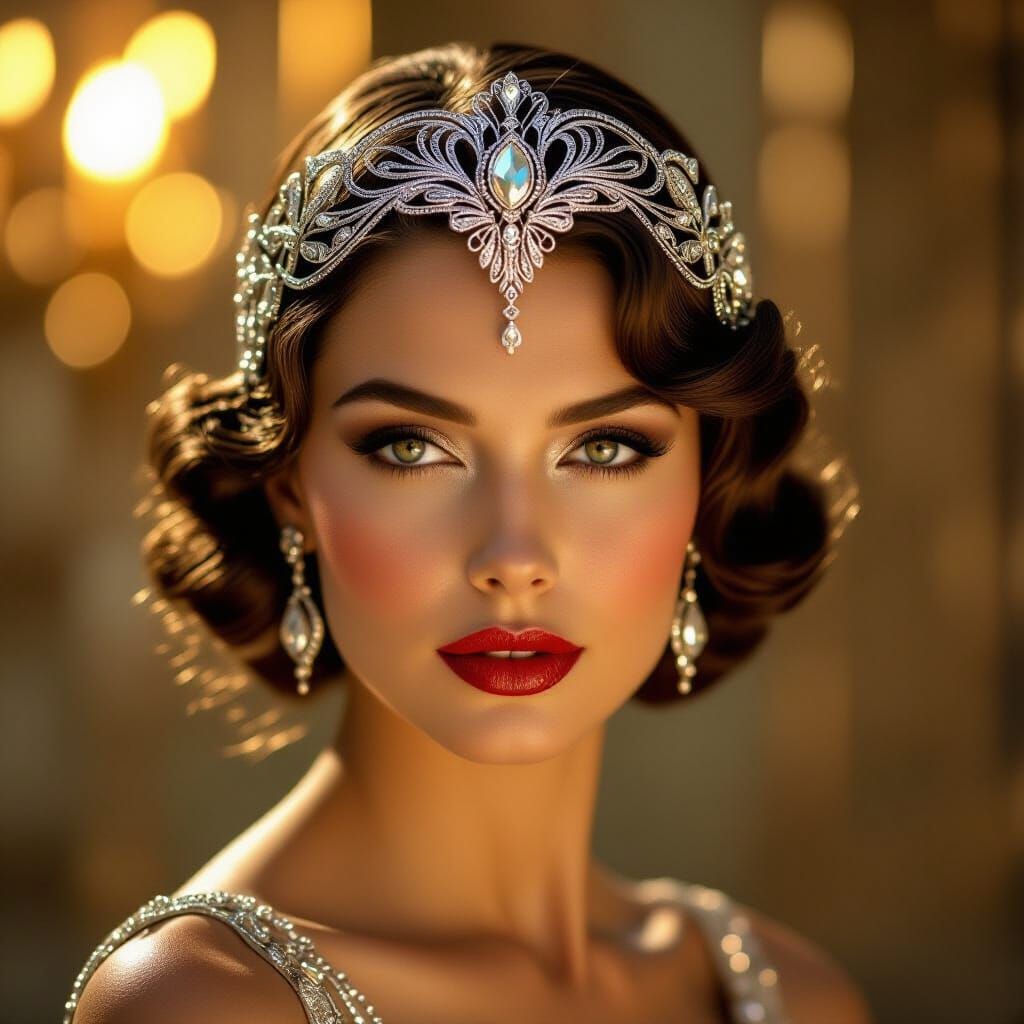 Mysterious Woman in Art Deco Silver Headpiece