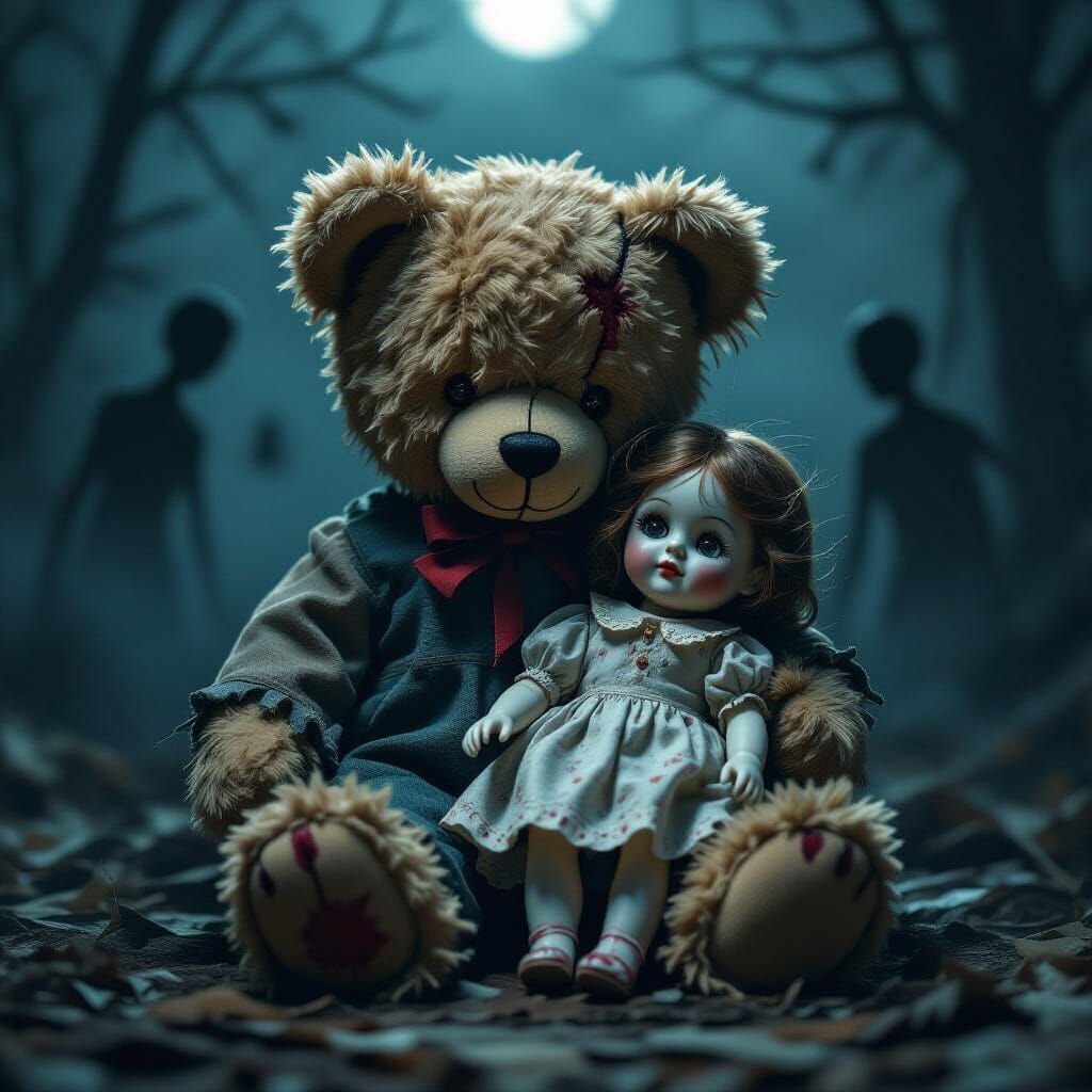Eerie Teddy Bear with Glowing Veins and Shadowy Figures