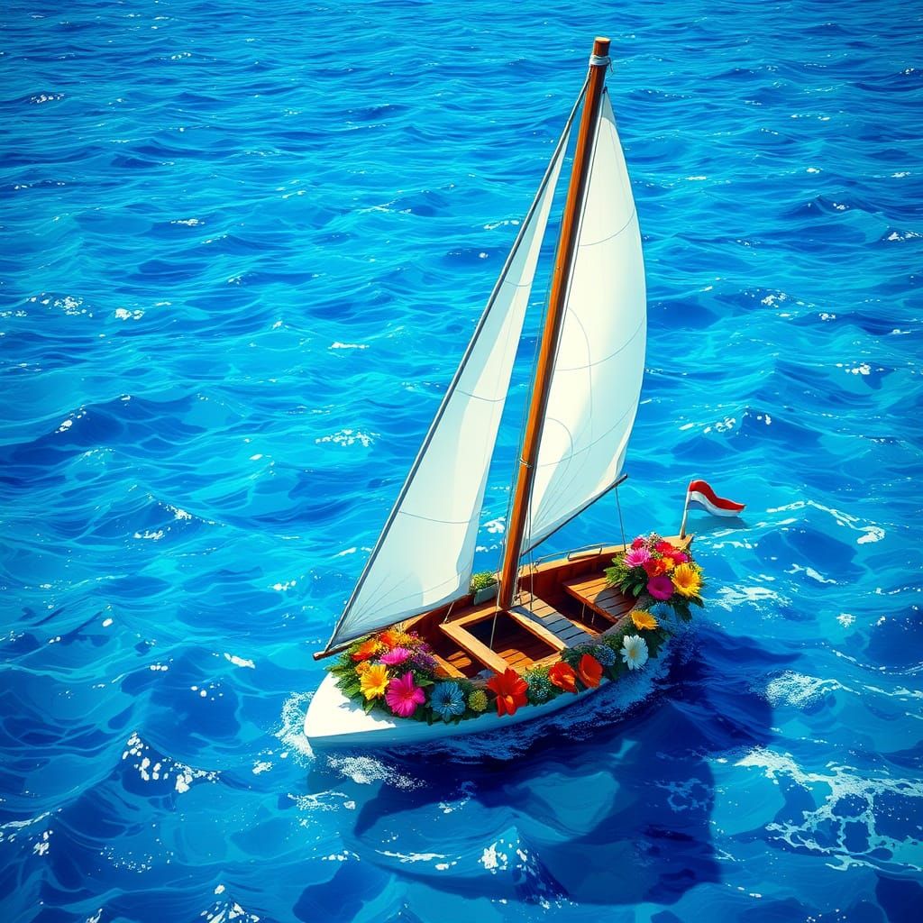 Whimsical Sailing Boat in Vibrant Ocean Scene