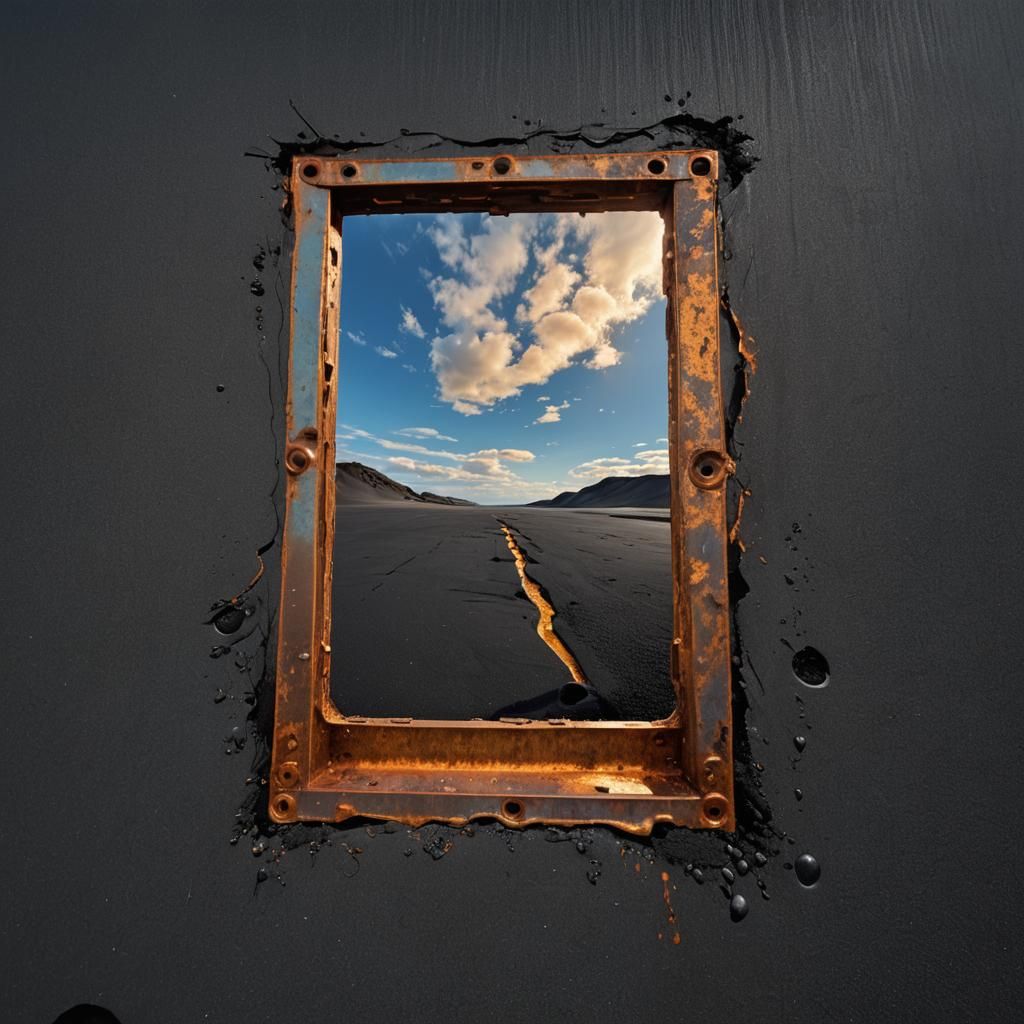 Rusted Metal Window to a Gradient Blue Sky