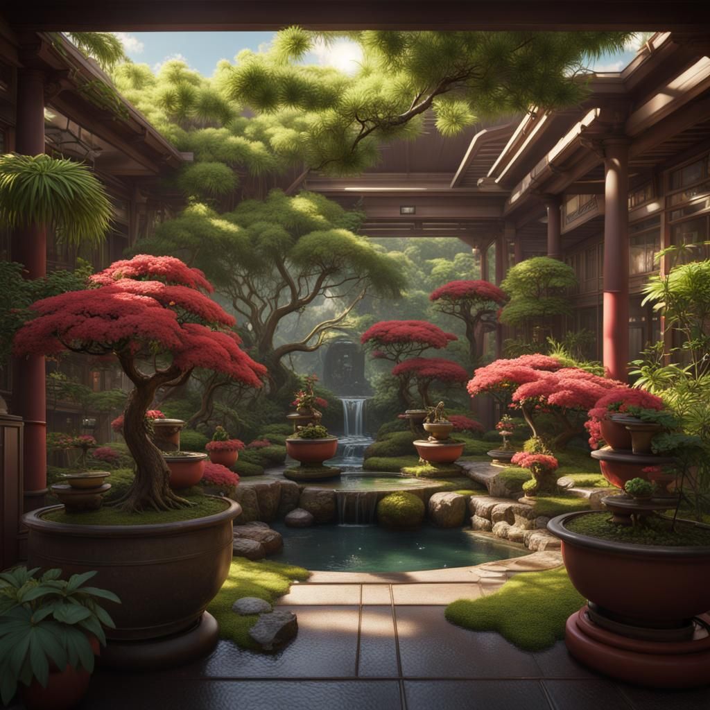 Lush Lanai Garden with Bonsai: Detailed Matte Painting