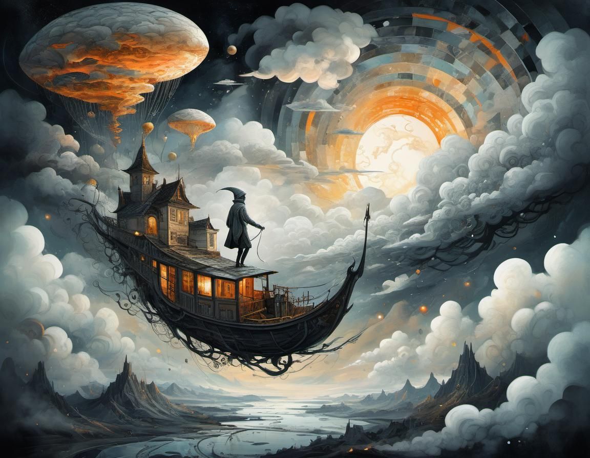 Elegant Surrealist Elf Scene in Space: Black and White