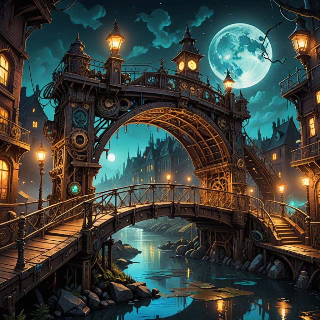 Steampunk Bridge Illuminated by Moonlight