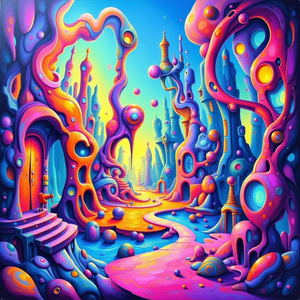 Surreal Impasto Landscape with Twisting Architecture