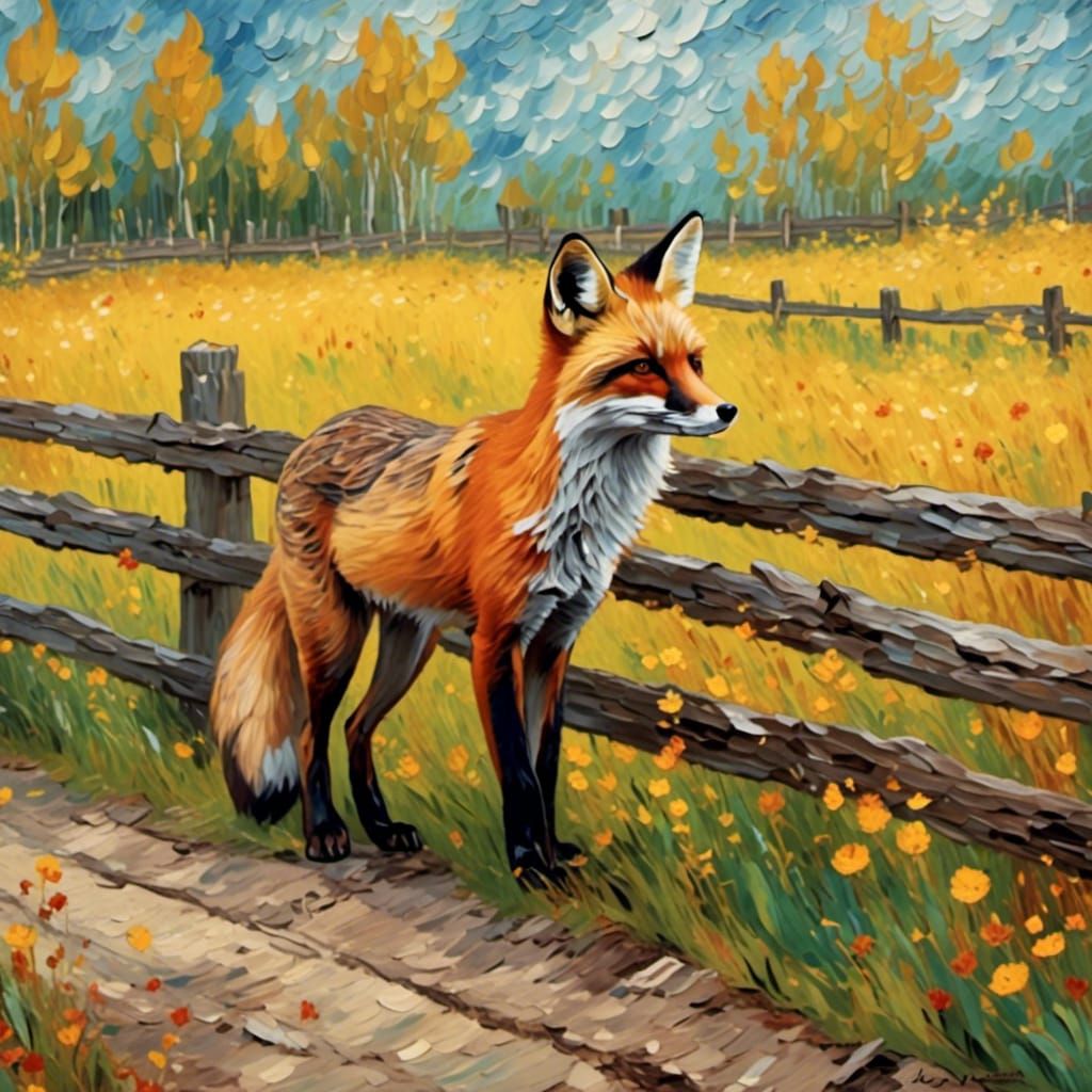 Red Fox by Rail Fence in Natural Habitat