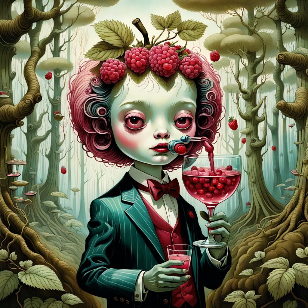 Whimsical Raspberry Cocktail in Surrealist Style